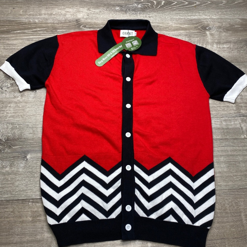 Oxknit Men M 100% Cotton Red Black Chevron Knit Button Up Polo Shirt Retro 60s